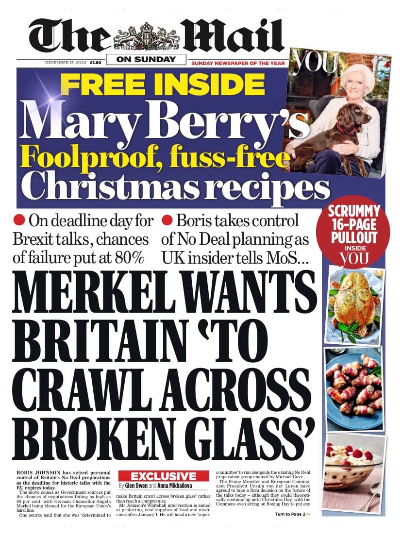 Mail on Sunday front page Sunday 13 December