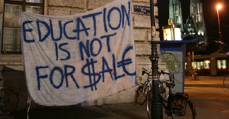 A student fees protest banner
