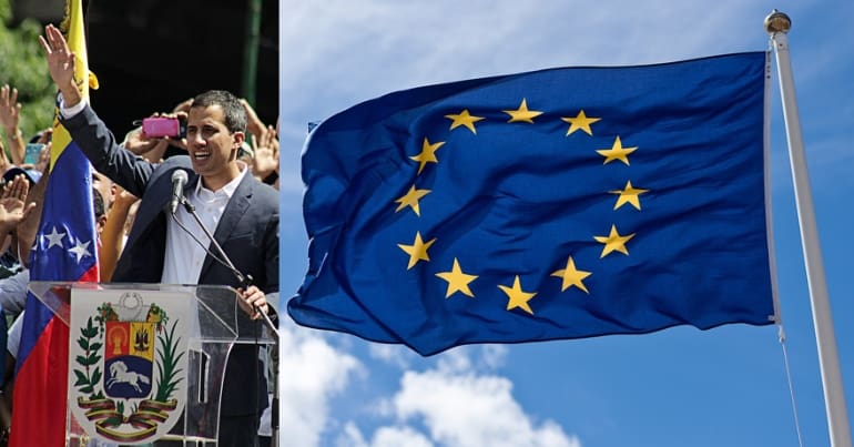 Juan Guaidó and a flag of the European Union