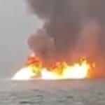 A fire rages on an oil rig in Nigeria