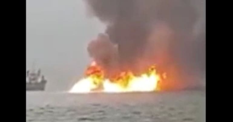 A fire rages on an oil rig in Nigeria