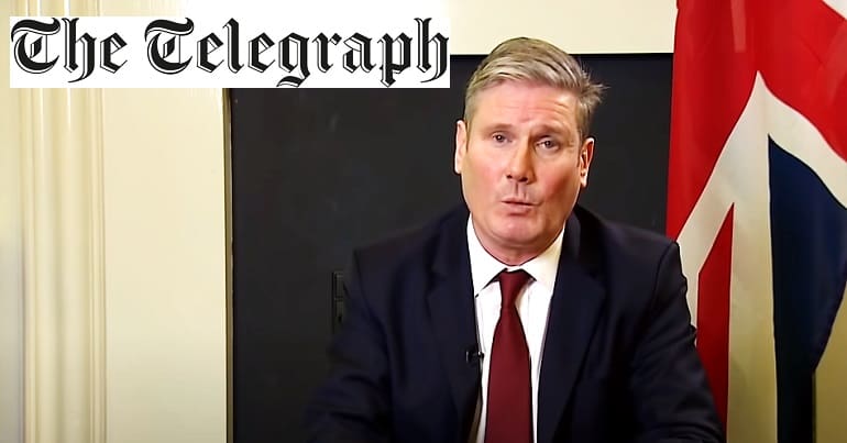 Keir Starmer with the Union Jack and the Telegraph logo
