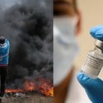 Palestinian protesters and a vail of the Covid vaccine