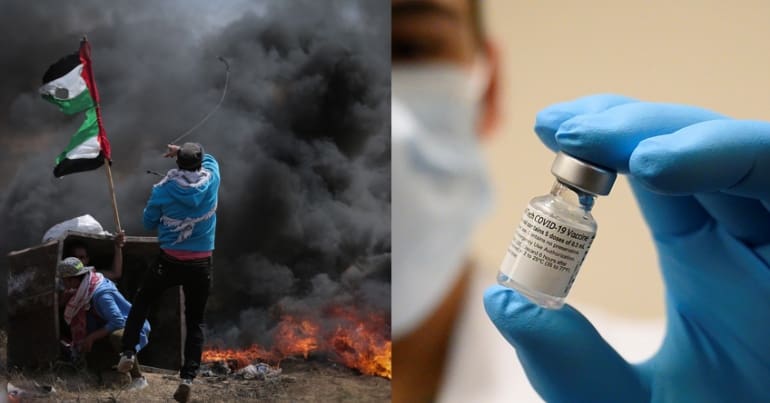 Palestinian protesters and a vail of the Covid vaccine