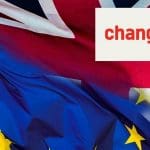 The EU and UK flags and the Change petition logo