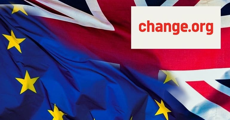 The EU and UK flags and the Change petition logo