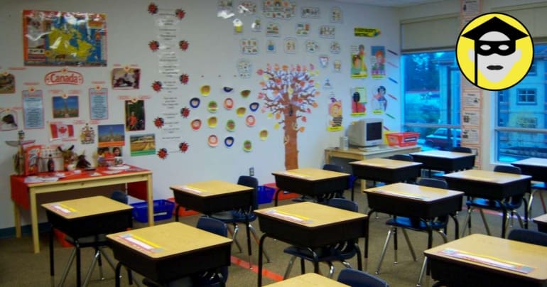 A classroom with a logo of a secret teacher