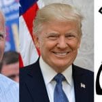 Joe Biden, Donald Trump, and a silhouette of a pregnant Uncle Sam with a bomb with the word 'war' written on it