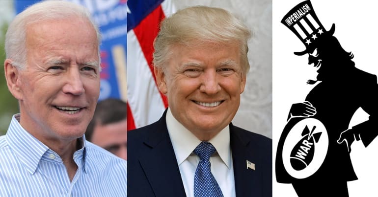 Joe Biden, Donald Trump, and a silhouette of a pregnant Uncle Sam with a bomb with the word 'war' written on it