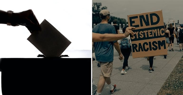 Ballot box and anti-racism banner