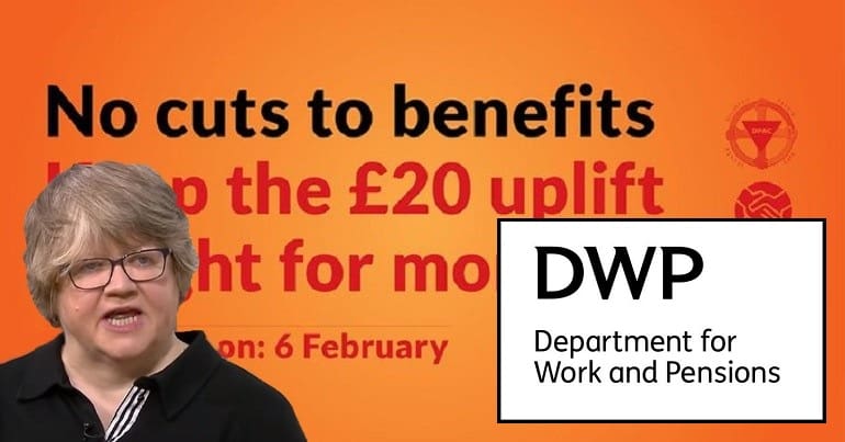 Day of Action Image, Therese Coffey and the DWP logo