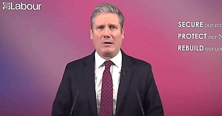 Keir Starmer and a Labour Party backdrop