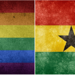 Split showing rainbow pride flag and Ghanaian flag
