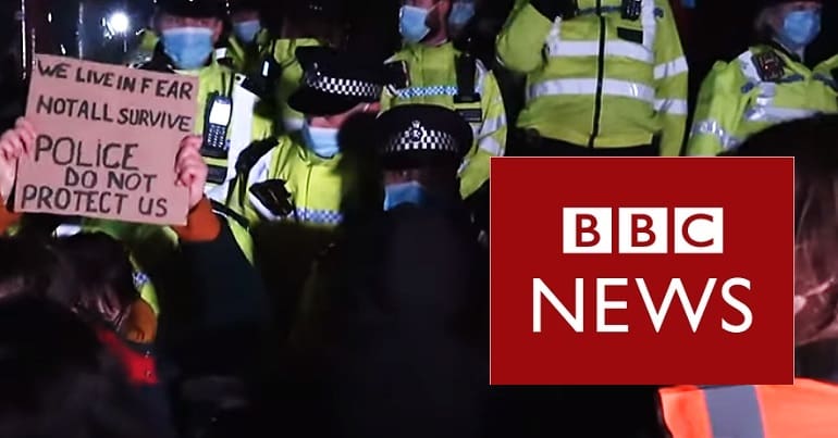 An image from the Sarah Everard Clapham Common vigil and the BBC News logo