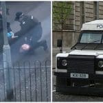 Woman being arrested in the Creggan Derry and a PSNI landrover