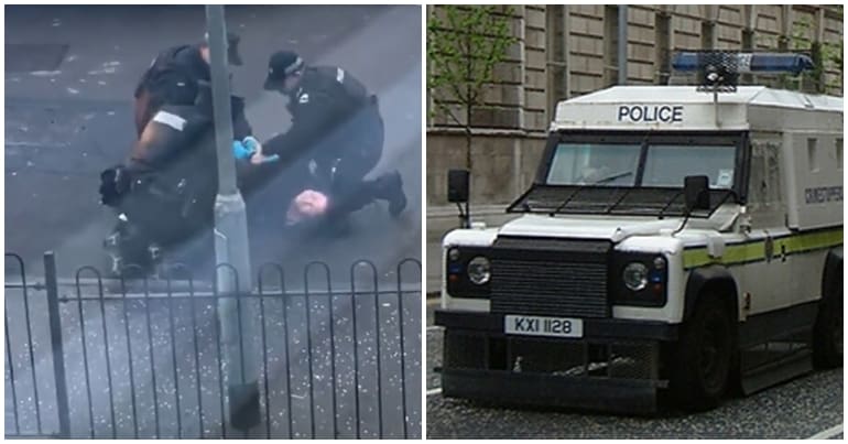 Woman being arrested in the Creggan Derry and a PSNI landrover