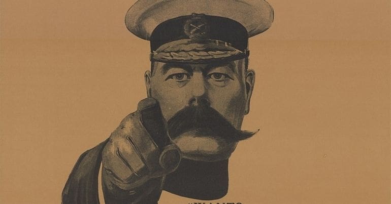 Lord Kitchener pointing from the 'Britain Needs You' poster