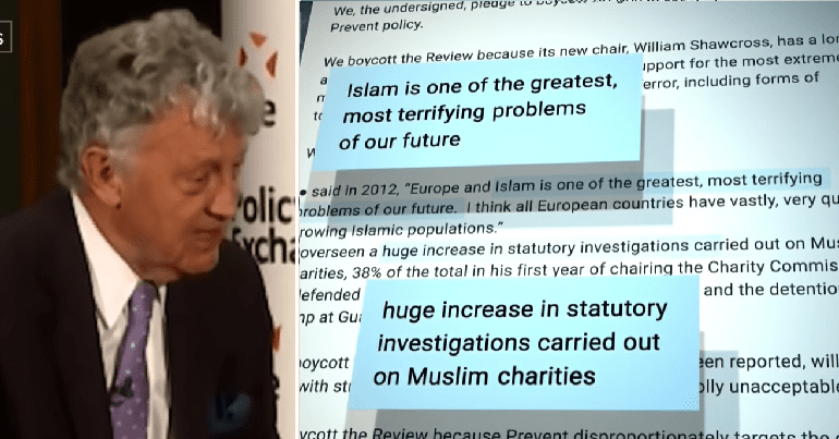 Split image showing William Shawcross and extracts of letter from Muslim organisations