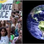 A person holding a climate justice banner and an image of the world
