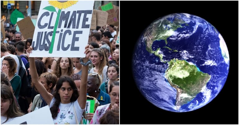A person holding a climate justice banner and an image of the world