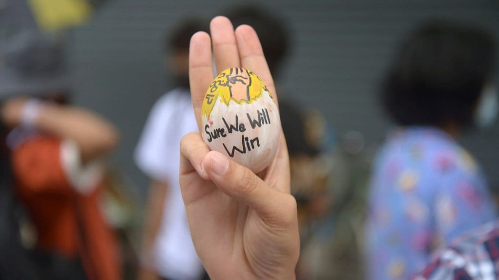 A protestor holding an egg with 'we will win' written on it