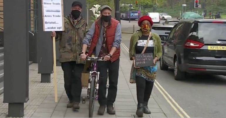 Ros Martin, Taus Larsen and Rowland Dye outside Bristol magistrates' court