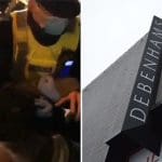 Irish police drag away a protesters and Debenhams store logo