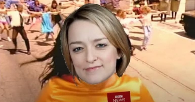 Laura Kuenssberg's face imposed over Bjorks from the music video to 'It's Oh So Quiet'