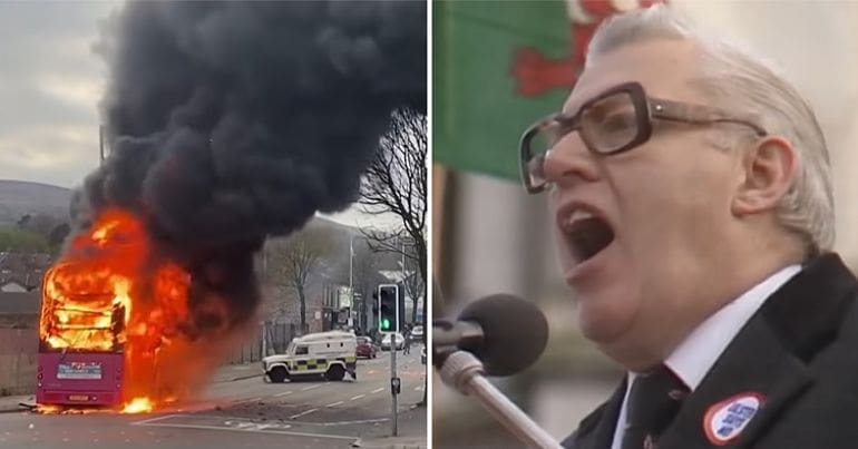Loyalists petrol bomb a bus & DUP's Ian Paisley 1980s