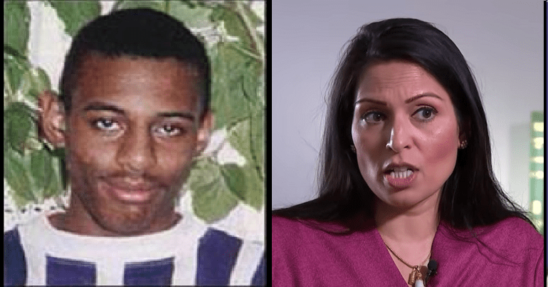 Split image showing Stephan Lawrence and home secretary Priti Patel