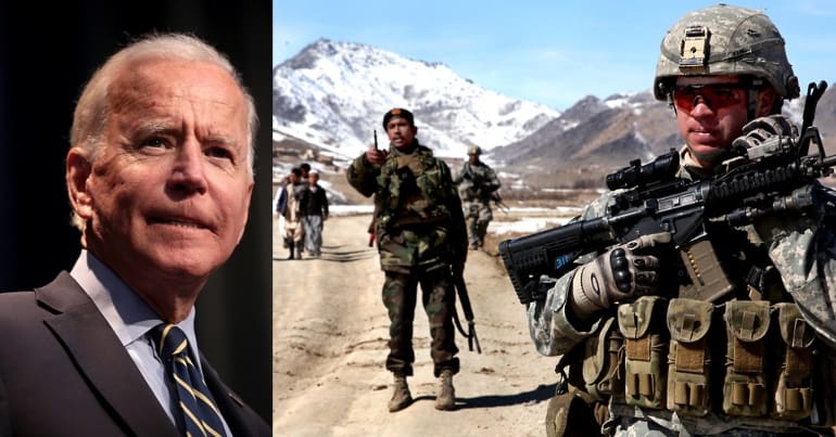 US President Joe Biden and a scene of the Afghan War