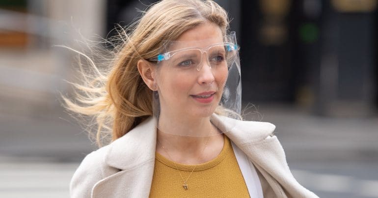 Rachel Riley wearing a plastic face mask