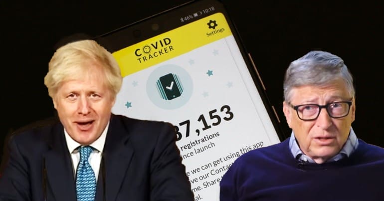 A phone with the Covid tracker Boris Johnson and Bill Gates