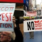 A pro-BDS protester and anti-sanctions against Iran protesters