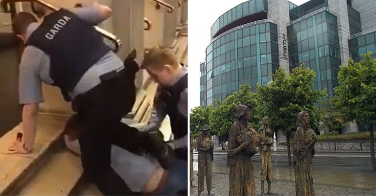 Gardai arresting man on O'Connell Street & IFSC plus famine memorial