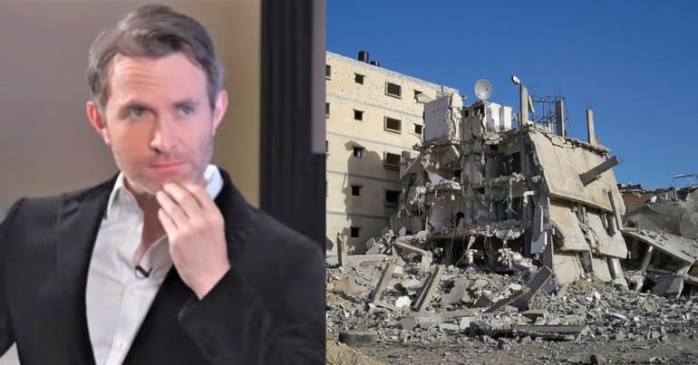 Spectator columnist Douglas Murray and a bombed out building in Gaza