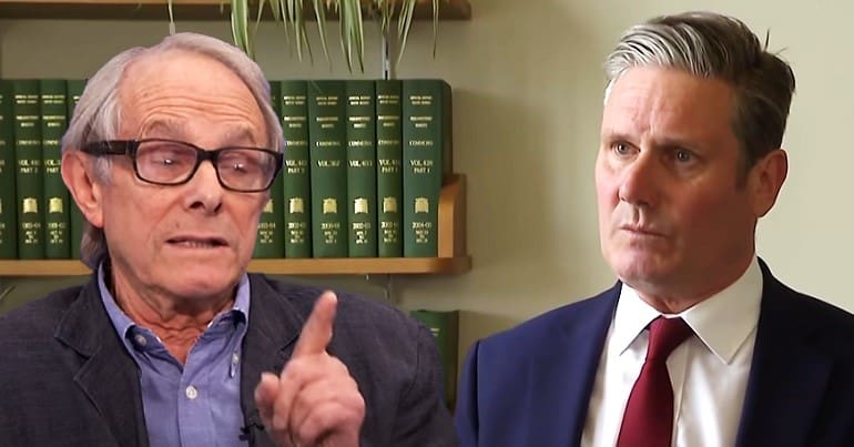 Ken Loach pointing his finger at Keir Starmer