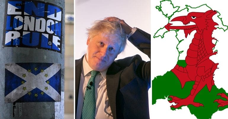 Scottish flag, Boris Johnson & map of Wales