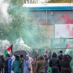 Leicester, United Kingdom, May 24, 2021: After two “Palestine Action” activists were removed and arrested from the rooftop local communities’ have organised a barricade (in picture) and appear to be determined to not let the police leave the area with activists. “Shut Elbit Down”, “Free! Free! Palestine” are among the slogans local residents are shouting. (Photo by Vudi Xhymshiti)