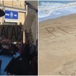 A police liaison officer and resist G7 written on the sand