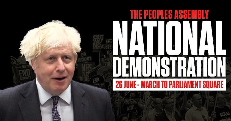 Boris Johnson and the Peoples Assembly Main Graphic for the #NotFitToGovern demo