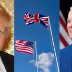 UK prime minister Boris Johnson, a US flag and a UK flag, and US President Joe Biden