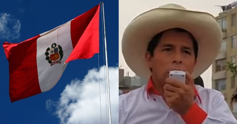 The flag of Peru and socialist presumptive winner of 2021 Peruvian election Pedro Castillo