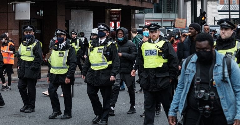 Police at a peaceful Black Lives Matter protest 2020