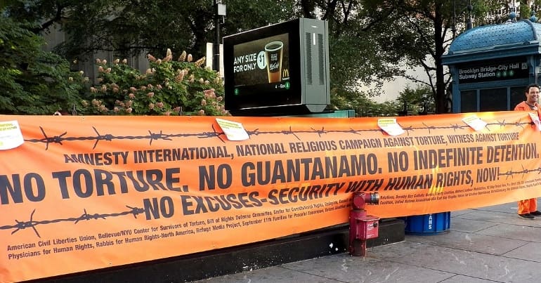 A banner protesting the Guantanamo Bay Detention Center