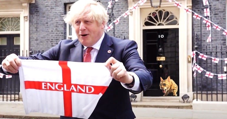 Boris Johnson holding an England flag and a cat vomiting