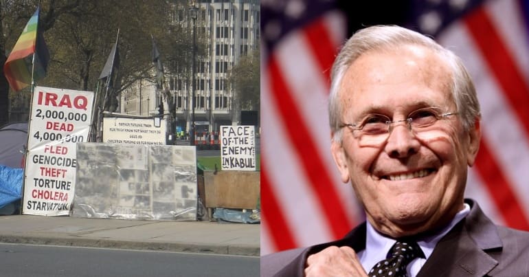 An anti-war encampment and former US secretary of defence Donald Rumsfeld