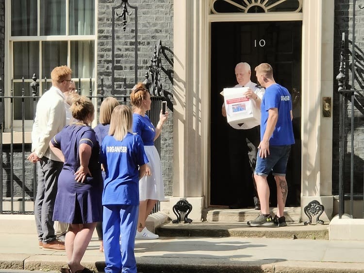 Jeremy Corbyn and NHS Workers Delivering a Petition to Downing Street