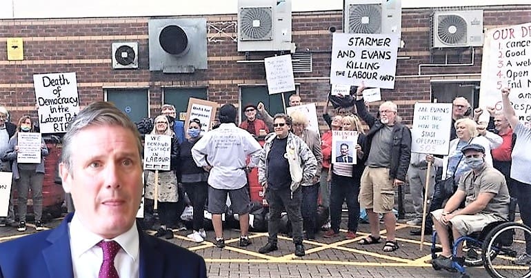 Labour members protesting and Keir Starmer