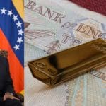 Venezuelan president Nicolas Maduro and a bar of gold resting on an English banknote